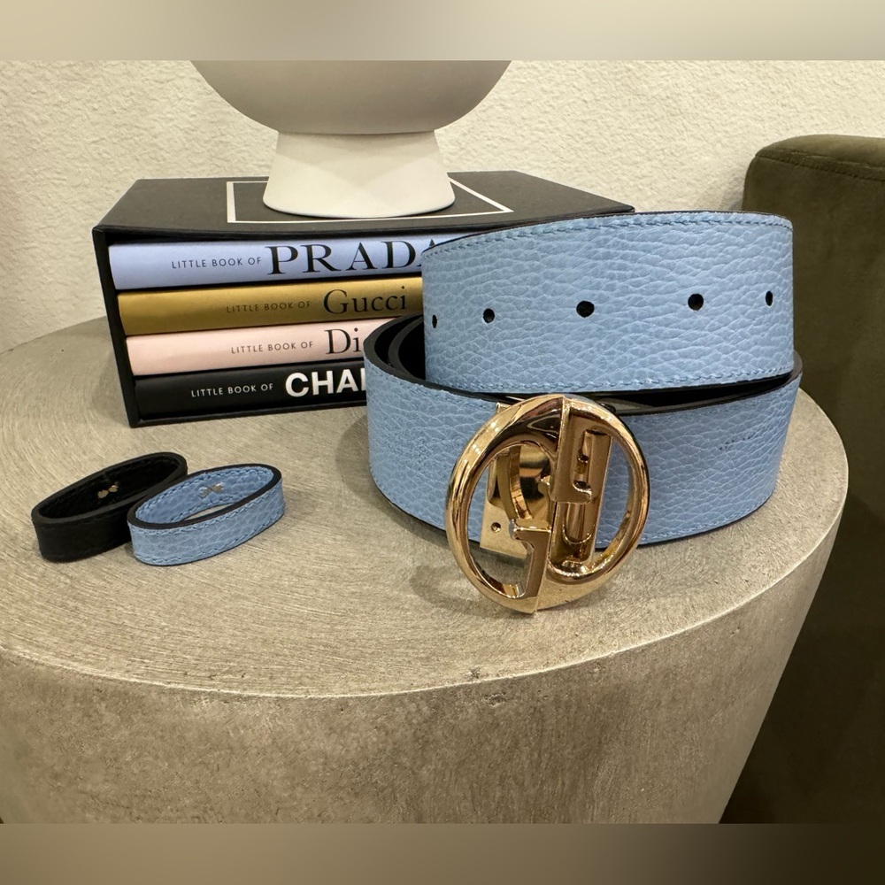 Gucci Two Color Belt (Silver Hardware) Black & Light Blue Leather